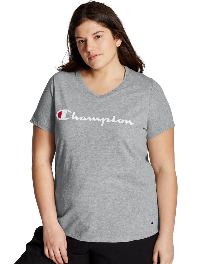 Champion Plus Jersey V-Neck Script Logo - Naisten Harmaat T-Paita - Suomi 1289670-AL